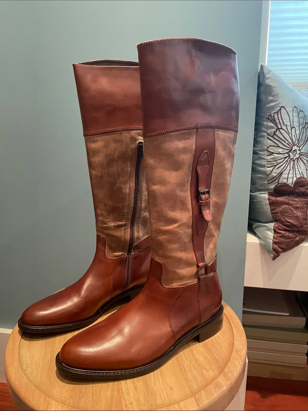 Johnston & Murphy Brown Two-Tone Leather Over‑The‑Knee Riding Boots